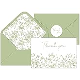 Whaline 36Pcs Sage Green Floral Thank You Cards with Envelope Stickers Green Wild Floral Thank You Note Cards for Wedding Bridal Shower Birthday Supplies