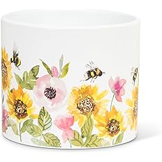 Abbott Collection Sunflowers & Bees Small Planter - Ceramic, Yellow/Green (4.5" D)
