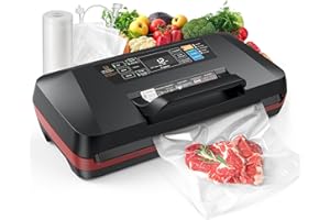 ROUUO 95kPa Vacuum Sealer Machine,Commercial Fully Automatic Food Sealer,10-in-1 Functions & Powerful Sealing System with Double Heat Seal,Easy-Lock Handle,Built-in cutter,1 Bag Rolls,10 Pre-cut Bags