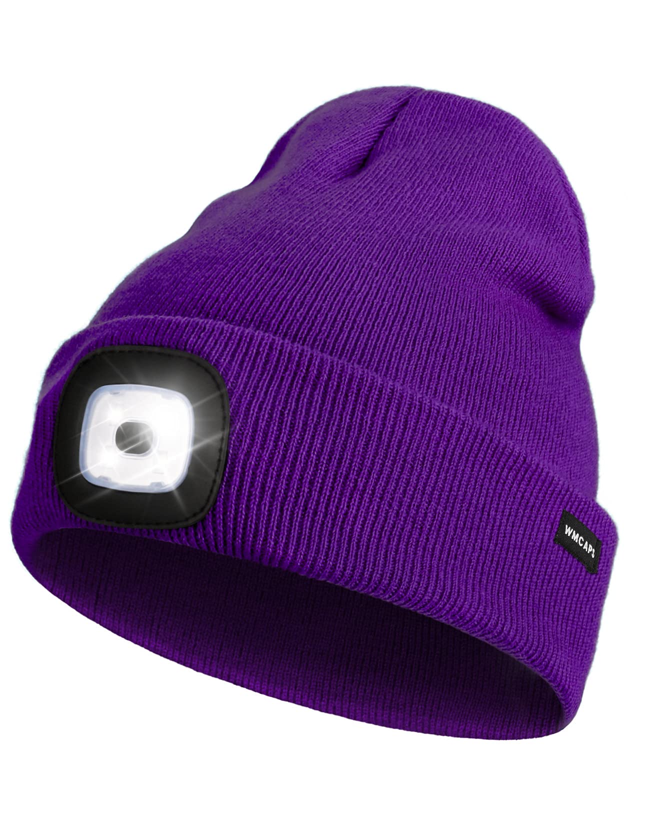 Rechargeable LED Lighted Beanie, Perfect Dad Gifts in Christmas, Stocking Fillers Cap with Light Hands Free Head Torch Unisex Winter Warm Knit Beanie Purple