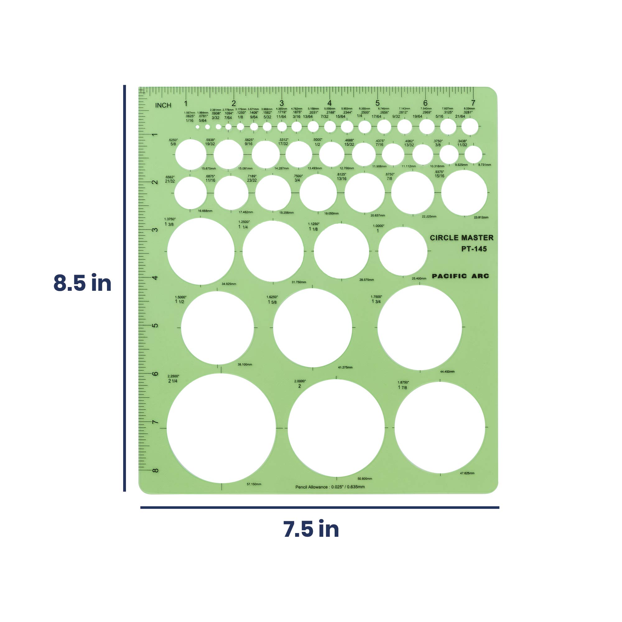 Pacific Arc Professional Circle Guide Template, 45 Total Circle from 1/16 Inch to 2.25 Inch with Inch Graduations