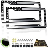 RCKJNJ American Flag License Plate Frames, Black Patriotic USA Flag, 2 Pack | Heavy Duty Aluminum-Plastic Composite, 4 Hole Front Rear Car Tag Holder, Mounting Hardware &amp; Screws Caps Included