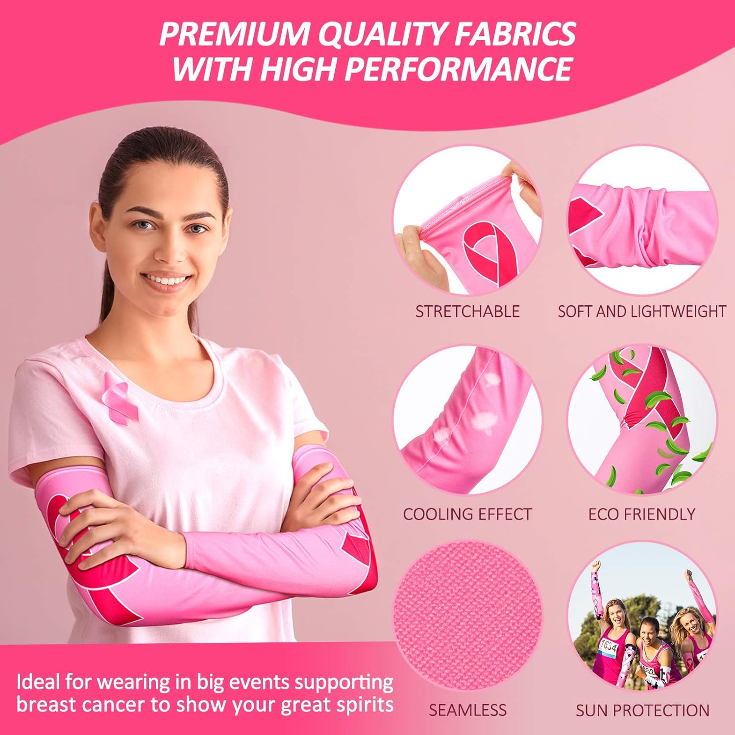 3 Pairs Breast Cancer Awareness Sleeves Pink Ribbon Arm Sleeves Cooling Compression Arm Sleeves UV Protection Arm Cover Sleeve for Women Football Basketball Sports: Clothing