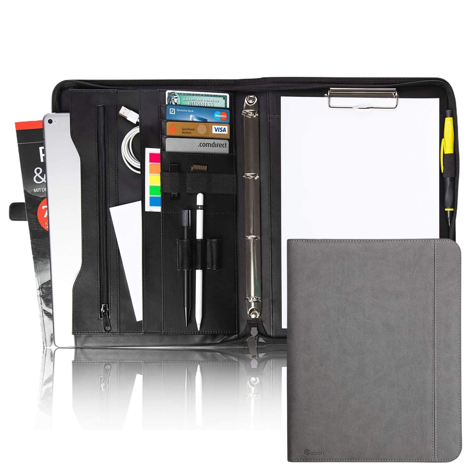 Vebon® Writing Case Ring Binder A4 "Berlin" I Zip + Clipboard I Conference Folder + Laptop Bag I Extra Storage Space I Black I Faux Leather, Phantom Grey