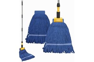 ZAVOOS Commercial Mop, Heavy Duty Looped End String Wet Mop with 64'' Long Handle, Industrial Cotton Dust Mop with Extra Replacement Heads for Home, Office, Garage, Warehouse Floor Cleaning