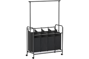 SONGMICS 4-Section Laundry Sorter, Rolling Laundry Cart with Hanging Bar, Laundry Organizer, Hampers for Laundry, Heavy-Duty, Lockable Wheels, 4 x 13.2 Gal., Black URLS44B