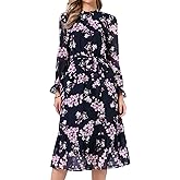 Allegra K Fall Casual Floral Dress for Women 2025 Long Sleeve Crew Neck Chiffon Midi Tea Party Ruffle Dresses