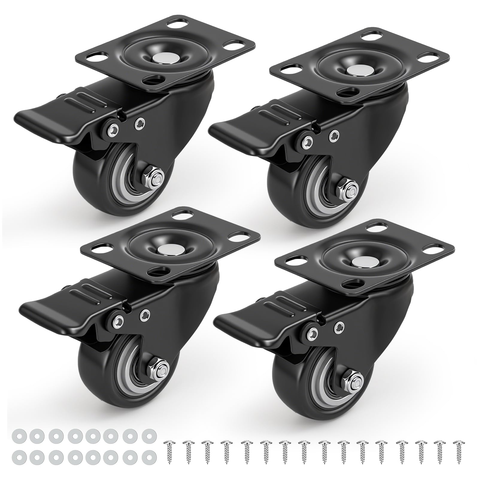 Photo 1 of 2-Inch Black Swivel Casters Set of 4 with Brakes, Durable PU Plate Wheels with Screws Included for Garage, Workshop, Utility Carts, and Tool Storage