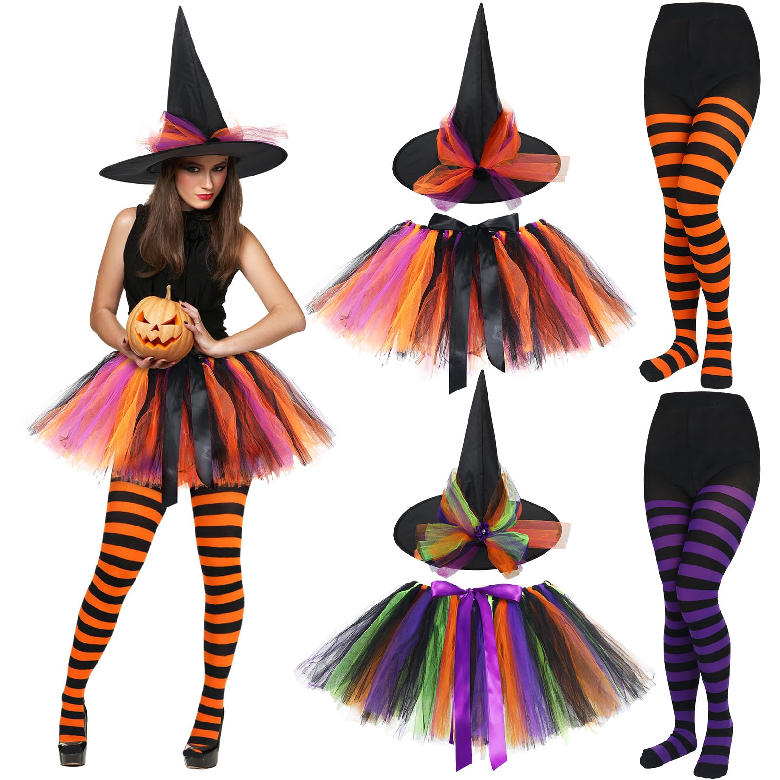 Photo 1 of Foaincore 6 Pcs Halloween Witch Costume Set for Women Halloween Witch Hat Cosplay Witch Hat Tutu Skirt and Striped Tights