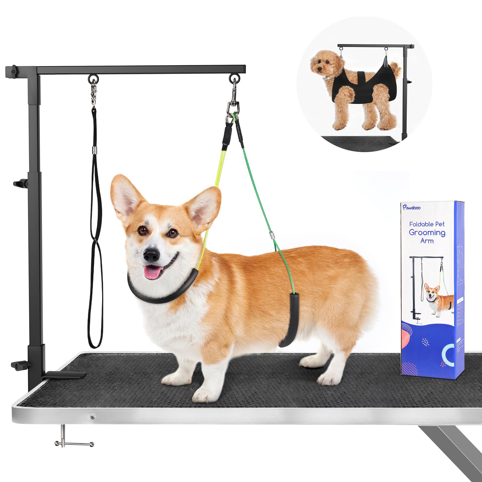 Photo 1 of Pawaboo Dog Grooming Table Arm with Grooming Hammock, 35" Dog-Grooming-Arm Dog Grooming Stand and Free Two No Sit Haunch Holder with Grooming Loop, Foldable Dog Grooming Arm for Small Medium Pet