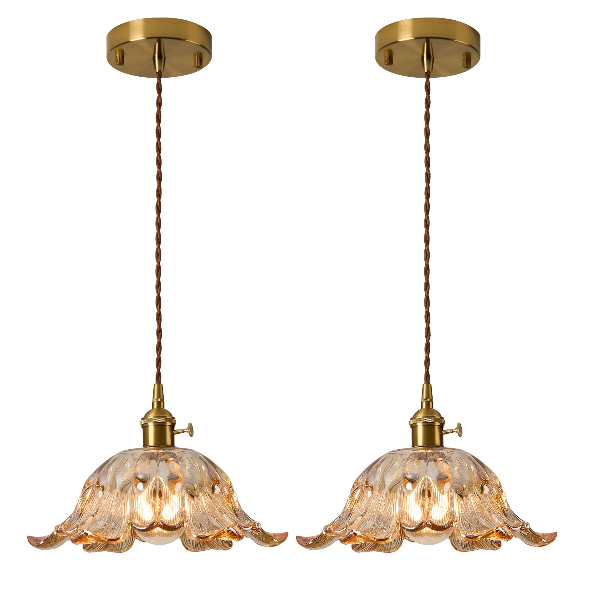 Photo 1 of 2 Pcs/Package Amber Glass Pendant Light Fixtures,Vintage/Antique Champagne Gold Pendant Lights Kitchen Island over Sink/Table,Orange Pendant Glass Chandelier for Bedroom Hotel Dining Room Hanging Down