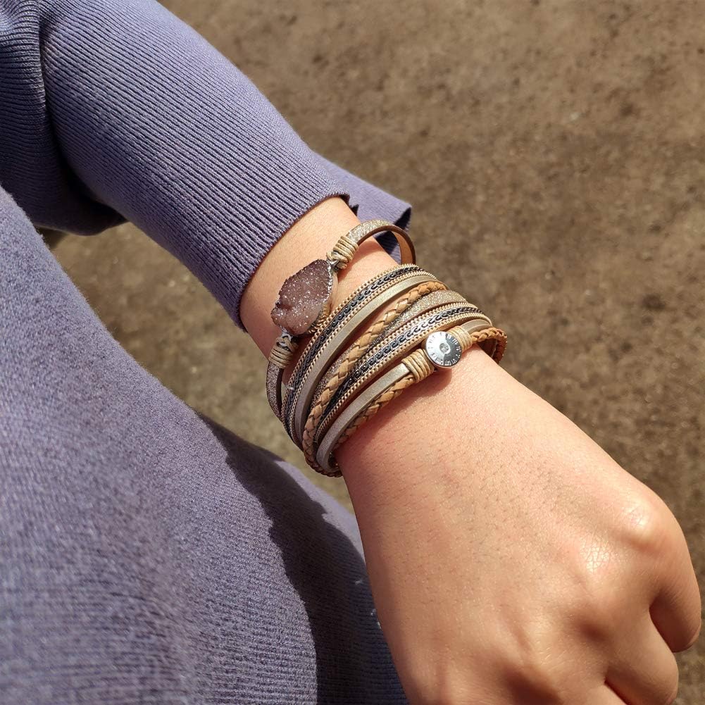 Leather Cuff Bracelet for Women - Boho Beads Wrap Clasp Bangle Bracelet Leather Wristbands Birthday Gifts for Women(Brown with druzy): Jewelry