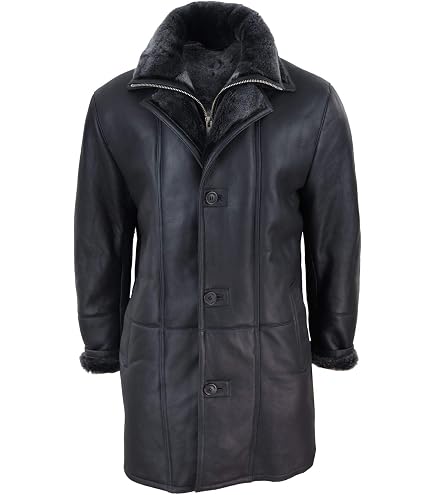 Infinity Men's Brown Sheepskin Leather Detachable Hood Duffle Coat