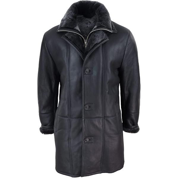 Infinity Men's Brown Sheepskin Leather Detachable Hood Duffle Coat