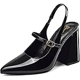 GENSHUO Women's Chunky Slingback Mary Jane Pumps, 4 Inch High Block Heels Closed Pointed Toe Dress Shoes for Wedding Party Work Casual