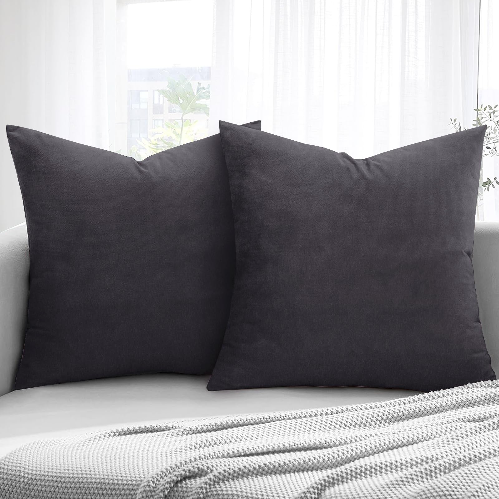 Aspire Homeware Velvet Cushion Covers 45 x 45cm Set of 2 Charcoal Decorative Square Throw Pillow Cases for Sofa Bedroom Living Room and Sofa