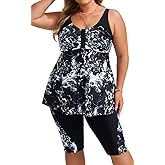 Hanna Nikole Women's Plus Size Tankini Swimsuits Two Piece Bathing Suit Flowy Rash Guard Swimwear with Capris Shorts