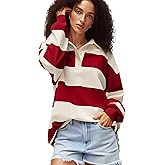 Kodaruber Women Striped Polo Sweatshirt Oversized Long Sleeve Lapel V Neck Pullover Shirt Trendy Rugby Shirts