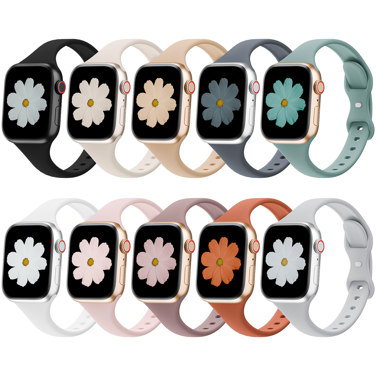 Photo 1 of 10 Pack Slim Bands Compatible with Apple Watch Bands 38mm 40mm 41mm 42mm 44mm 45mm 46mm 49mm, Soft Thin Silicone Sport Narrow Strap for iWatch Series 11/10/9/8/SE/7/6/5/4/3/2/1/Ultra Women Men