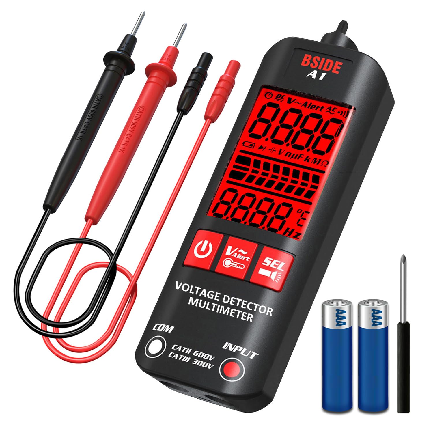 BSIDE Digital Multimeter 3-Results Display Pocket Smart Auto Range Voltmeter Resistance Frequency Continuity V-Alert Live Wire Voltage Tester with Flashlight, Black