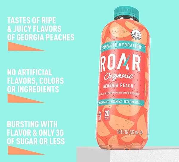 ROAR ORGANIC ELECTROLYTE INFUSIONS – USDA ORGANIC – GEORGIA PEACH – WITH ANTIOXIDANTS, B VITAMINS, LOW-CALORIE, LOW-SUGAR, LOW-CARB, COCONUT WATER INFUSED BEVERAGE 18 FL OZ (PACK OF 12)