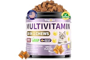 WAGMEE Cat Multivitamin with Fish Oil, 500 Crunchy & Creamy Chews - 10 In 1 Vitamins Supports Energy, Bone, Joint, Skin & Coat Health - with Omega 3s, Taurine, Biotin for Cat All Breeds & Ages - Krill Flavor