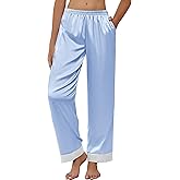 Ekouaer Women Silk Satin Pajama Pants, Color Block Loose Lounge Pants Elastic Waist Pj Bottoms with Pockets
