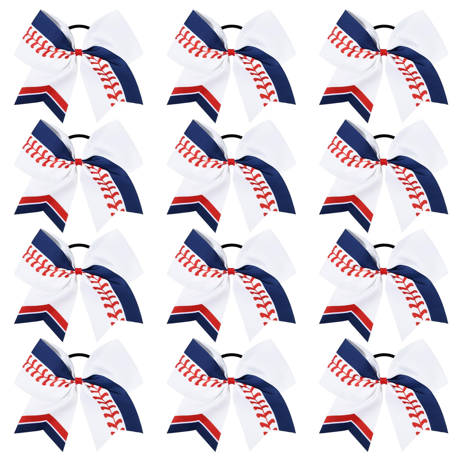 Photo 1 of DEEKA 12 PCS Softball Cheer Bows 8" Softball Thread Large Cheer Hair Bows Ponytail Holder Handmade for Teen Girls Sports Cheerleader -White/Navy Blue/Red
