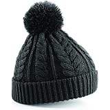 Bonnet Femme Gris/crème Doux Avec Fausse Fourrure Intérieur - Tricoté, Pompons, Taille Unique