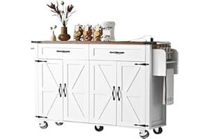 Ceecysaa Kitchen Island with Storage, Rolling Kitchen Island Cart with Charging Station, Adjustable Shelves, 2 Drawers, Towel