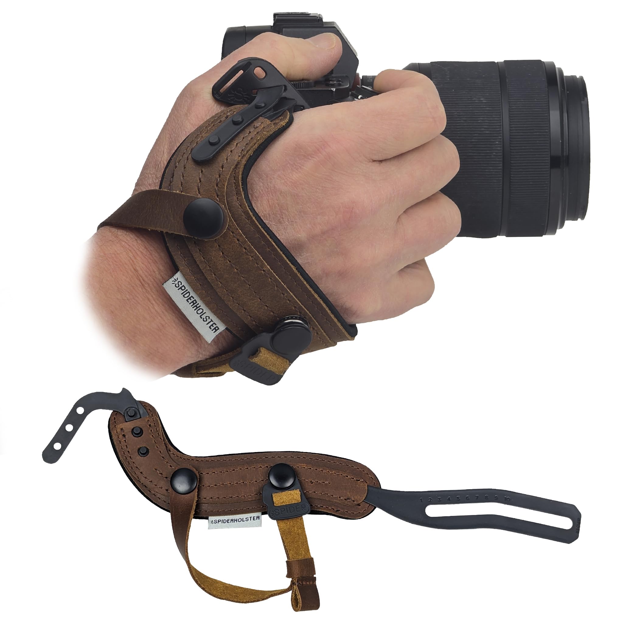 SPIDER HOLSTER - SpiderPro Camera Hand Strap v2 with Snap Assembly and Optional Wrist Strap – DSLR and Mirrorless Compatible (Kodiak/Tanned Leather)