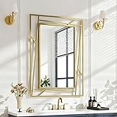 NXHOME Brushed Gold Bathroom Mirror, 36''X24'' Rectangular Wall Mirrors with Geometric Metal Frame for Bathroom Bedroom Living Room, Hang Horizontally or Vertically