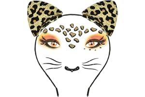 Merroyal Glitter Leopard Ears Headband with Cheetah Face Jewels, Halloween Costume Accessory (Black and Gold)