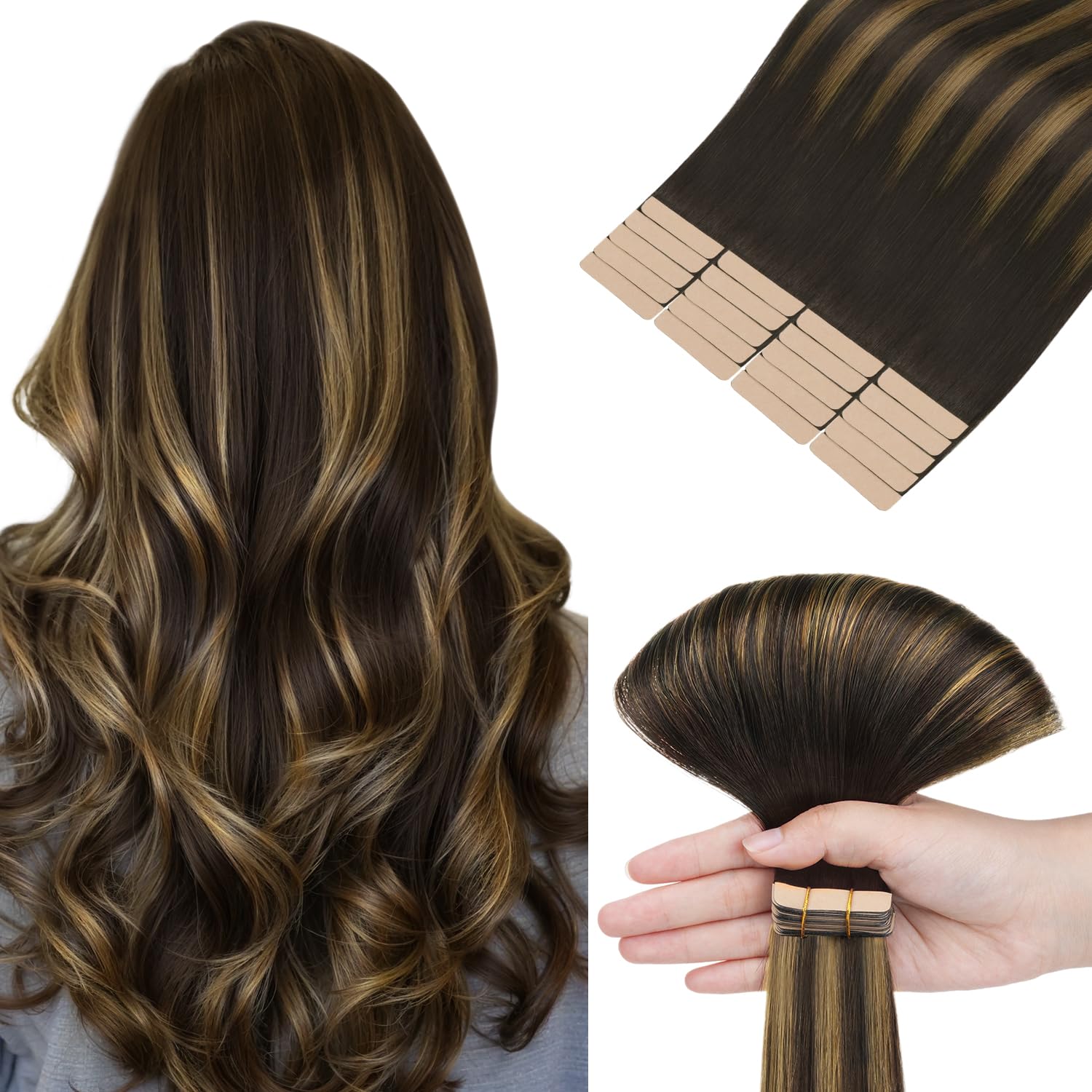 hotbanana Tape in Hair Extensions, 16 Inch Tape in Hair Extensions Human Hair 20pcs 50g Dark Brown Mixed Medium Brown Balayage Tape Hair Extensions Straight Remy Human Hair Tape in Extensions — image 1