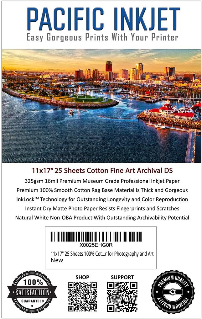 (11-x-17) 25 Sheets 100% Cotton Fine Art Matte Double Sided Inkjet Paper - 16mil 325gsm See Description for Compatibility Info Before Purchase - OBA Free Archival Grade Inkjet Media