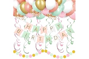 CANREVEL Pink White Green Birthday Decorations, Happy Birthday Banner, Metallic Hanging Swirls, Circle Dots Garland, Party Balloons, Pastel Birthday Party Supplies for Women Men Boys Girls