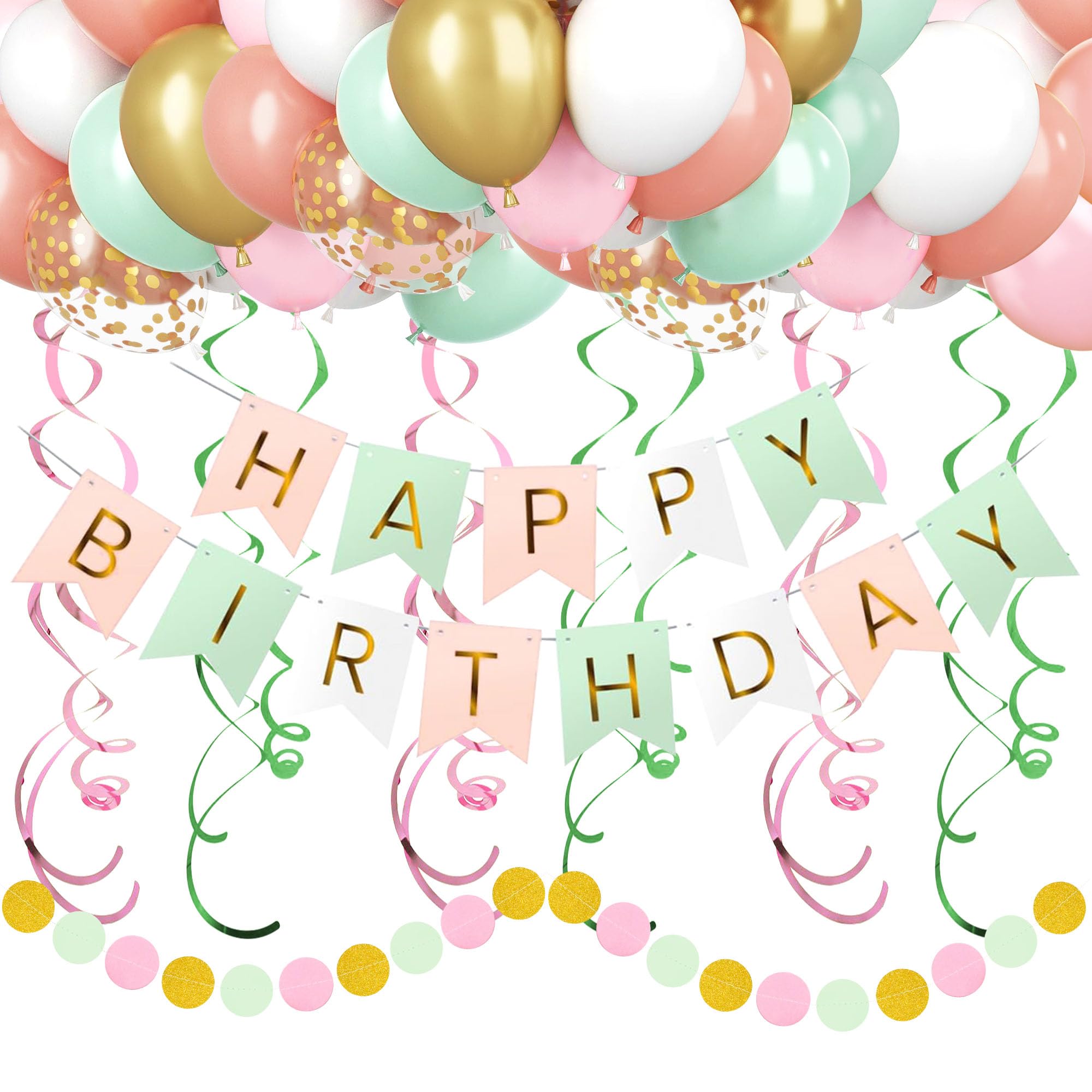 Photo 1 of CANREVEL Pink White Green Birthday Decorations, Happy Birthday Banner, Metallic Hanging Swirls, Circle Dots Garland, Party Balloons, Pastel Birthday Party Supplies for Women Men Boys Girls