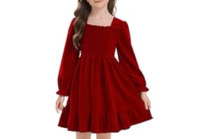 NIUSC Girls Long Sleeve Dress Velvet Square Neck Midi Fall Winter Long Sleeve Vintage Plain Dress 4-12Y