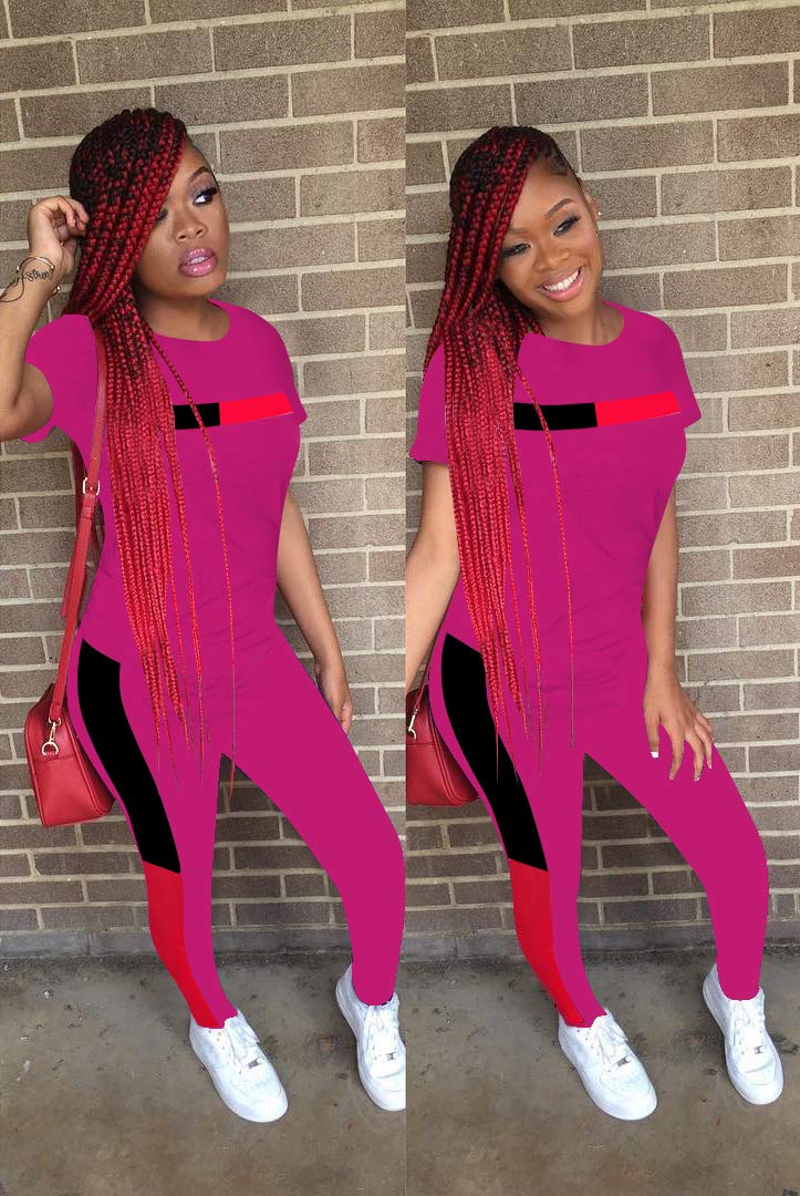 Womens Two Piece Tracksuit Set - Stripes Patchwork Crop Top + Skinny Long Pants Sweatsuits Jumpsuits Outfits X-Large Rose