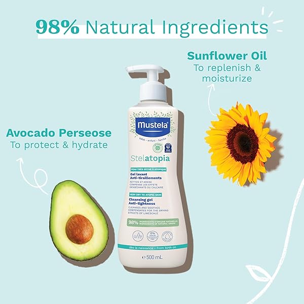 MUSTELA STELATOPIA ECZEMA-PRONE SKIN CLEANSING GEL – BABY FACE & BODY WASH WITH NATURAL AVOCADO & SUNFLOWER OIL – FRAGRANCE-FREE & TEAR FREE – 16.9 FL. OZ.