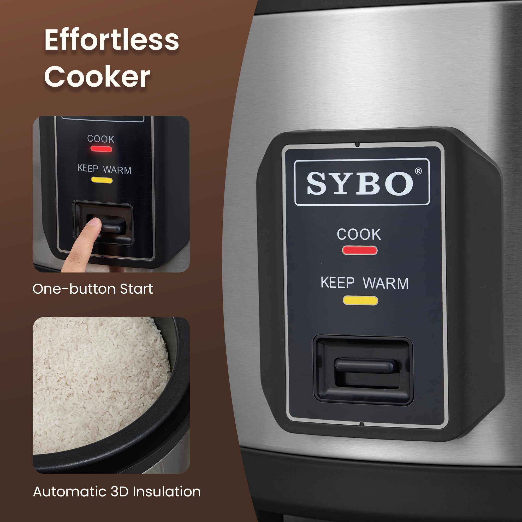 SYBO Commercial Rice Cooker and Warmer, 60 Cups Cooked (30 Cup Uncooked) Large Rice Cooker with Hinged Lid, Non-Stick Insert Pot, Stainless Steel Exterior