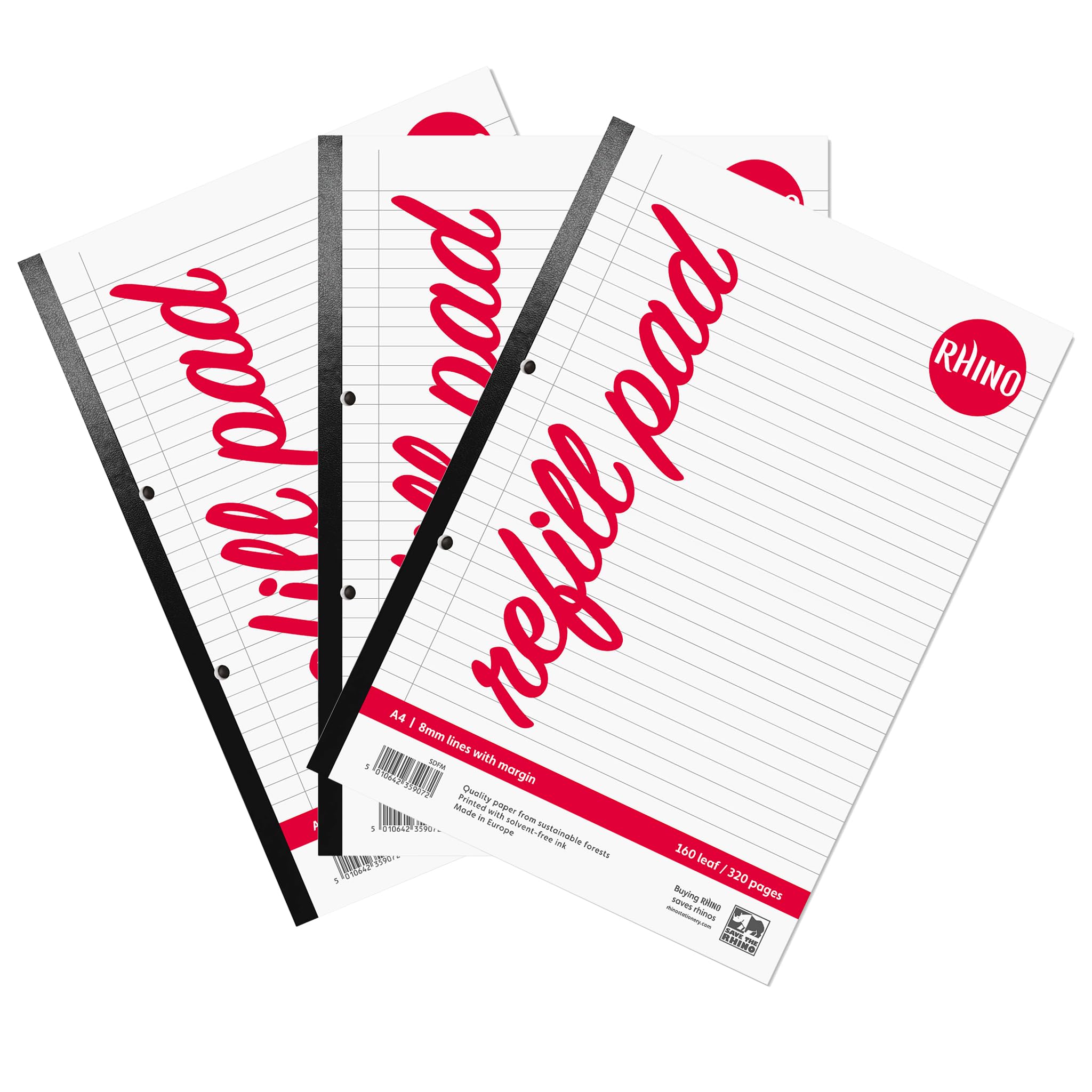 RHINO A4 Refill Pad, Writing Pad, 320 Page / 8mm Lined with Margin, 3 Pack, White Hole Punched Side Binding Writing Paper, Office & School Stationery Supplies