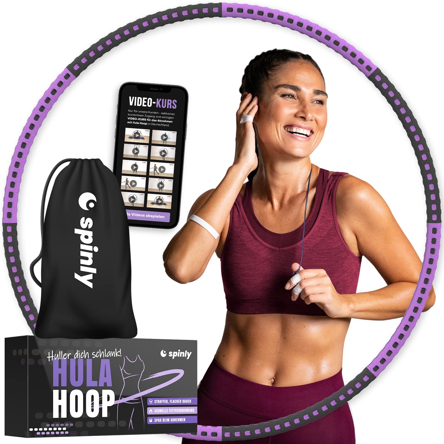 Spinly Hula Hoop for Adults - Hula Hoop with Sturdy Metal Core - 8-Piece Hula Hoop Set with Adjustable Weight from 0.8 to 3.5 kg - Includes Carry Bag and Video Course