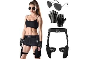 JcHrmers 3 Pcs Halloween Thigh Holsters Costume for Women Leg Gun Holster Drop with Magazine Pouches Half Finger Punk Pu Leather Fingerless Gloves Sunglasses for Halloween Cosplay Party