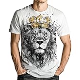 Faiwvhe Men's Casual Lion with Crown Print T-Shirt Fashion Graphic Tee Shirts Short Sleeve