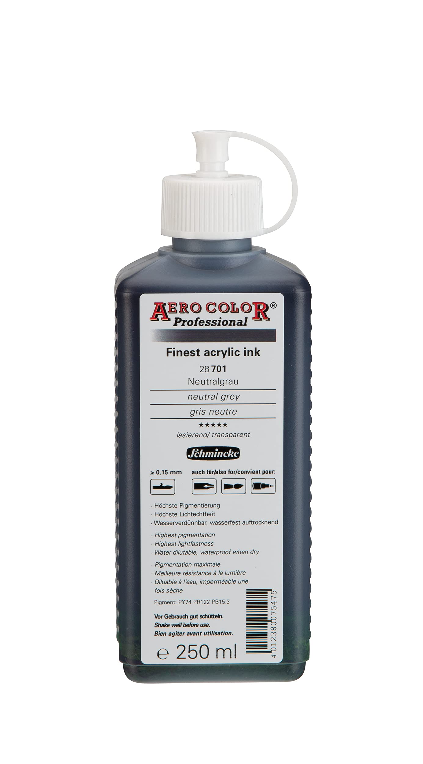 Schmincke - AERO COLOR® Professional, Neutral grey 250 ml, 28701027, highly liquid, highly brilliant acrylic colour for acrylic painting, airbrush, mixed media, acrylic ink — image 1