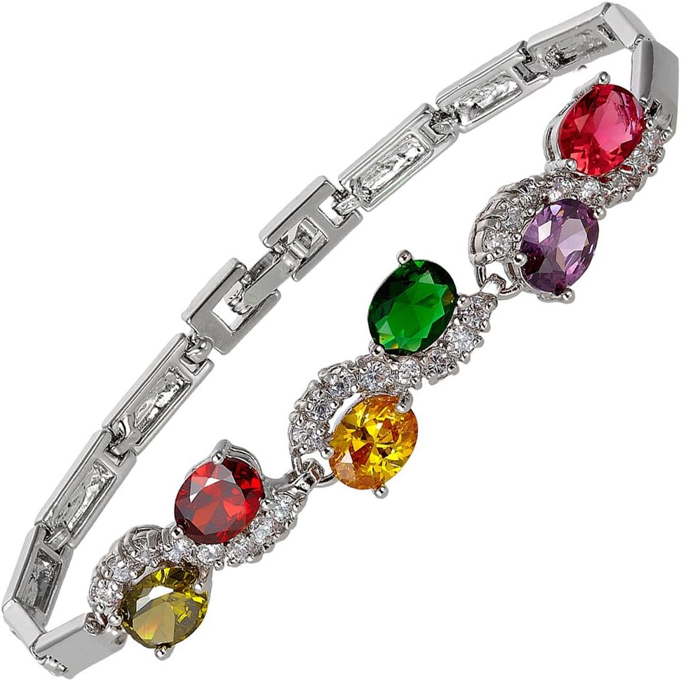 Rizilia Tennis Bracelet [18cm/7inch] with Oval Cut Gemstones CZ [6 Colours Available] in 18K White Gold Plated, Simple Modern Elegance