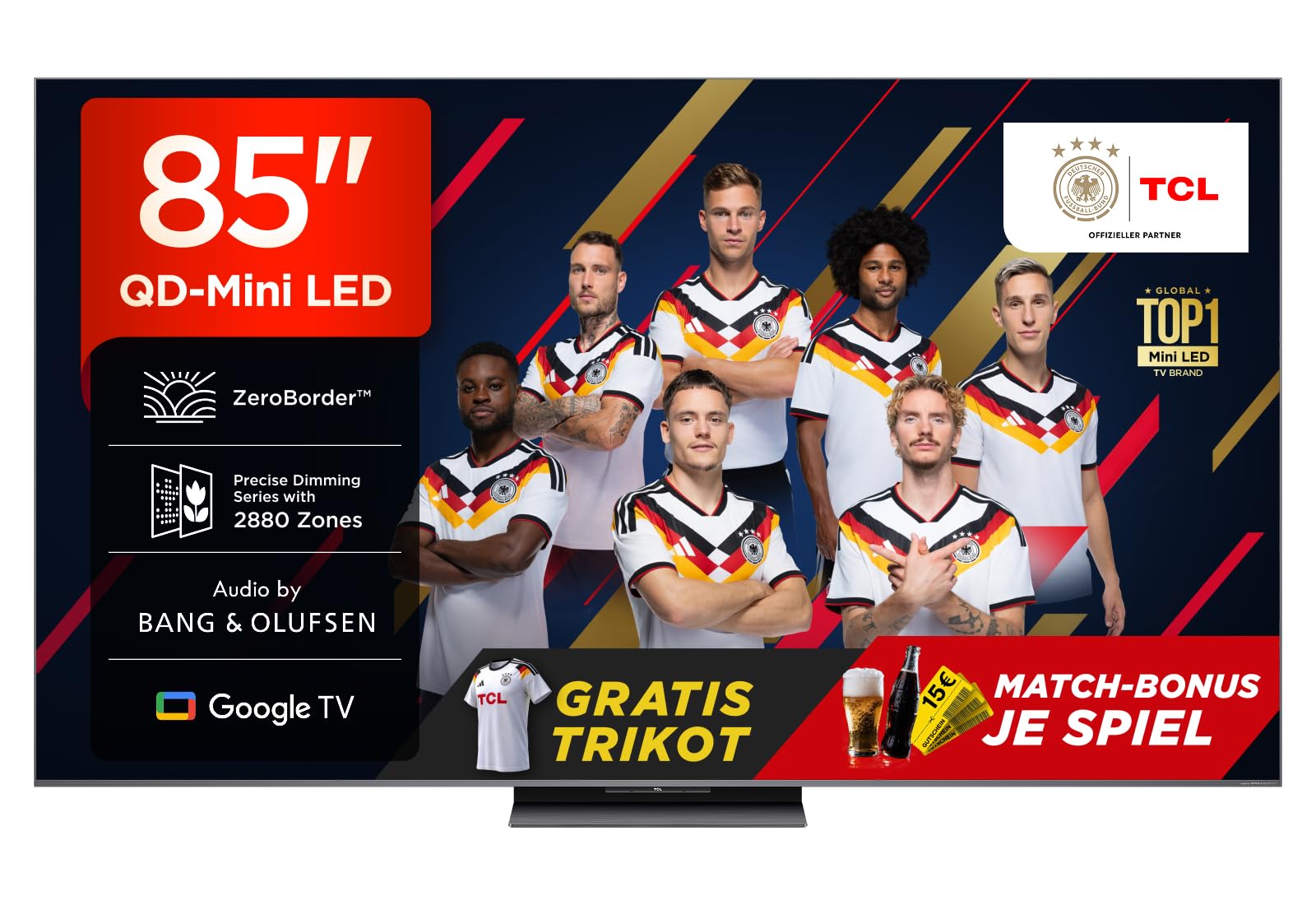 TCL 85Q8C 85 Zoll QD-Mini LED-Fernseher, 4K HDR Premium 5000, ZeroBorder™, Smart Google TV, CrystGlow WHVA-Panel, Audio von Bang & Olufsen, 144Hz Motion Clarity Pro, Dolby Vision IQ & Atmos