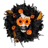 Halloween Wreath for Front Door, 20” Black Maple Leaves Wreath with Pumpkin, Feather, Door Wall Window Decoration for Halloween, Home Indoor Outdoor Front Porch Party Prom Decor