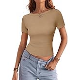 BESTPOEM Women Boat Neck Tops 2025 Summer Short Sleeve Ribbed Knit Tight Fitted T-Shirts Basic Tees Vacation Clothes